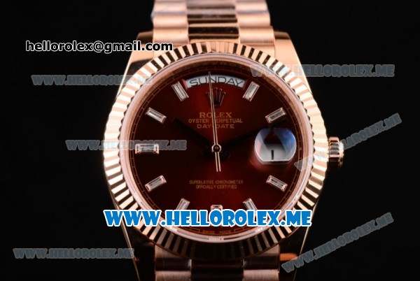 Rolex Day-Date Swiss ETA 2836 Automatic Rose Gold Case/Bracelet with Brown Dial and Stick Markers (BP) - Click Image to Close